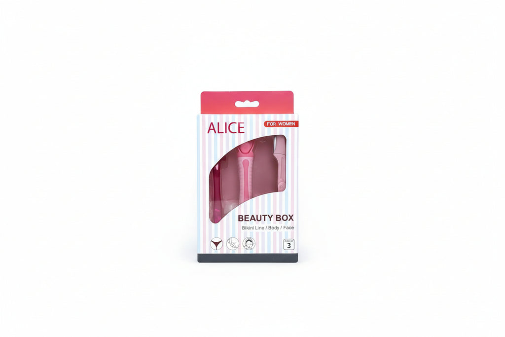 Alice - Beauty Box, Set Of 3 Razors, For Bikini Line & Face & Body Grooming, For Women, Come With Holder & Double Face For Holder