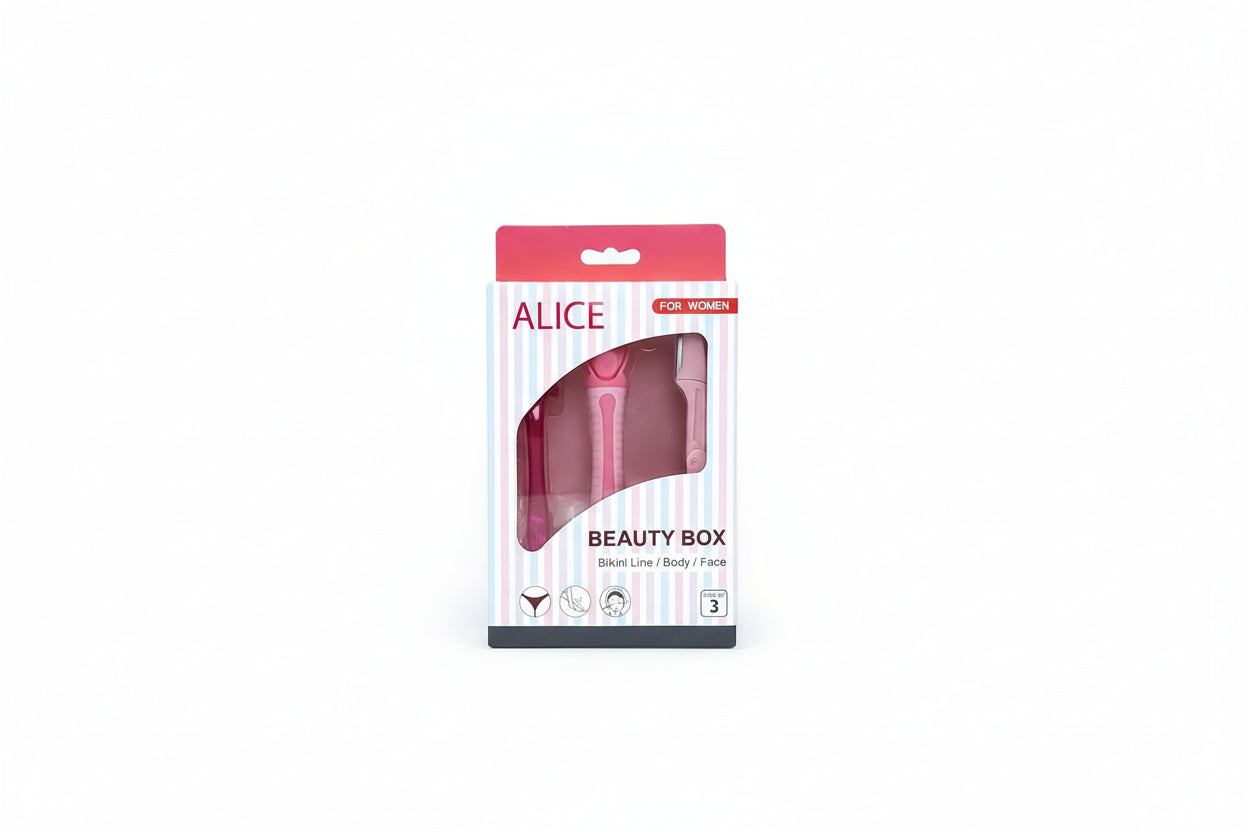 Alice - Beauty Box, Set Of 3 Razors, For Bikini Line & Face & Body Grooming, For Women, Come With Holder & Double Face For Holder
