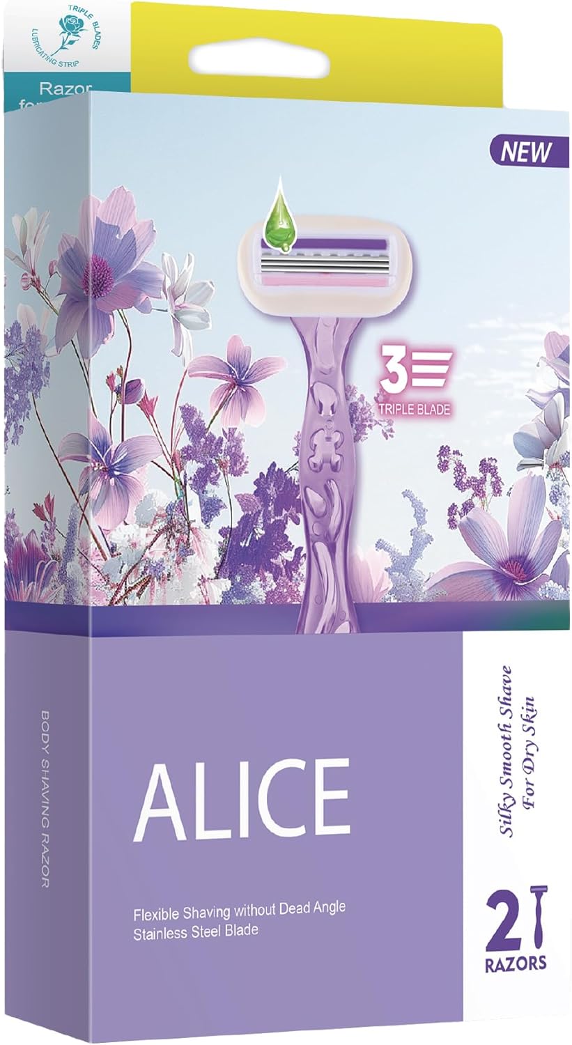 Razor for Women – Set of 2 Body Shavers – Triple Stainless Blades, Flexible Head – Purple – For Dry Skin